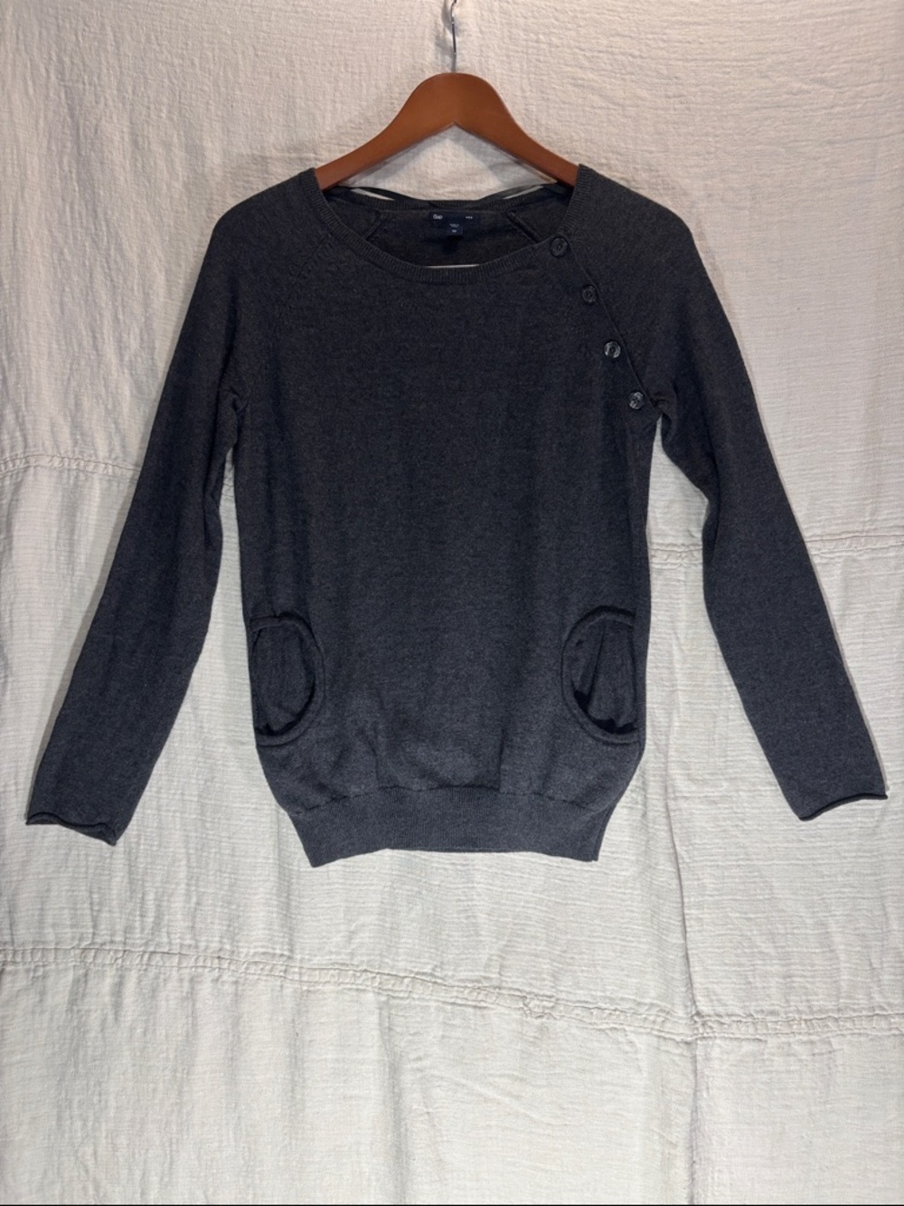 GAP Dark Charcoal Crewneck Sweater with Asymmetric Button Detail Wool Blend